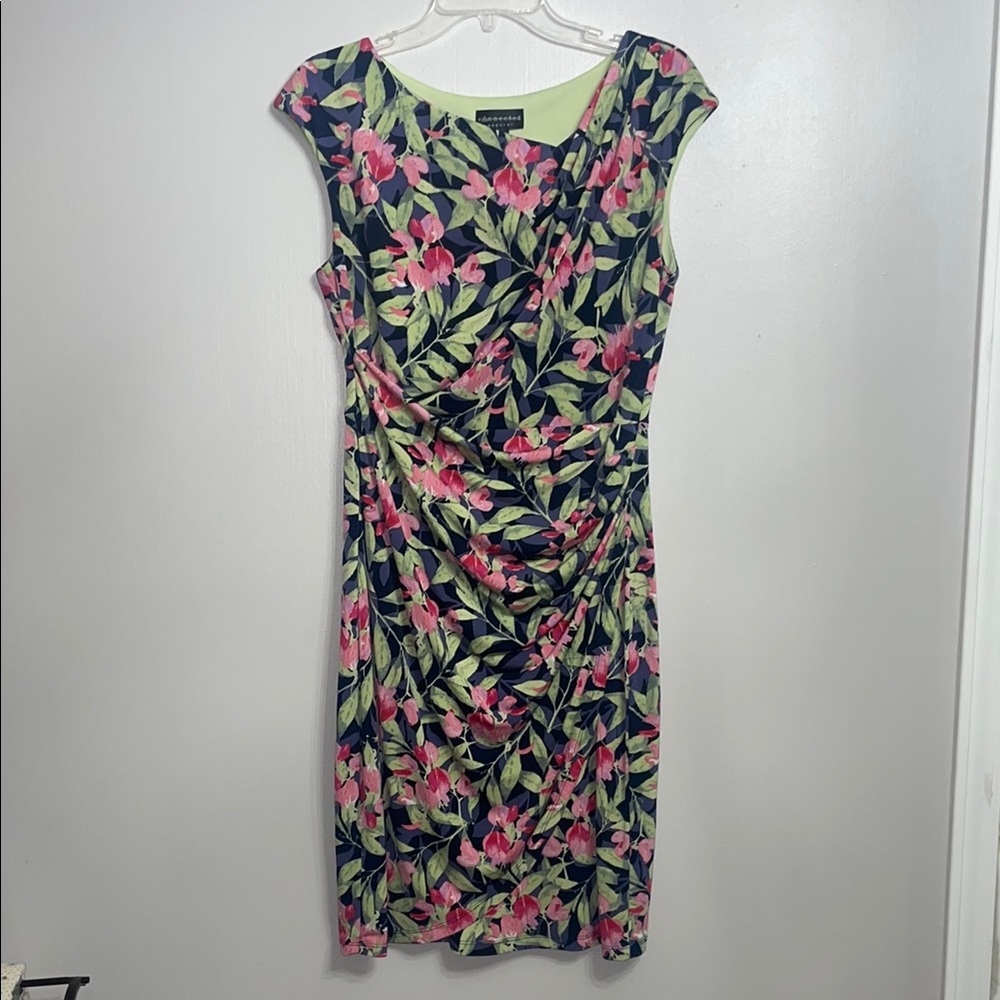 Connected Apparel Pink and Green Floral Midi Dress